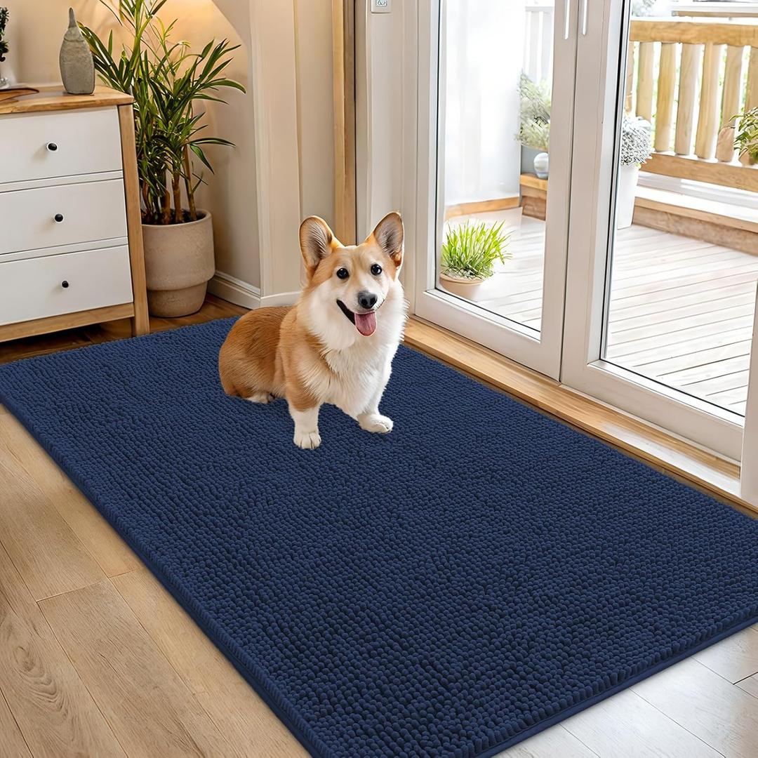 OLANLY Dog Door Mat for Muddy Paws 54x32, Absorbs Moisture and Dirt, Absorbent Non-Slip Washable Doormat, Quick Dry Chenille Mud Mat for Dogs, Entry Indoor Entryway Carpet for Inside Floor, Dark Blue