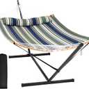 SUNCREAT Hammocks for Outside with Stand Included, Double Hammock with Curved Spreader Bar, Carrying Bag, Dark Green Stripes