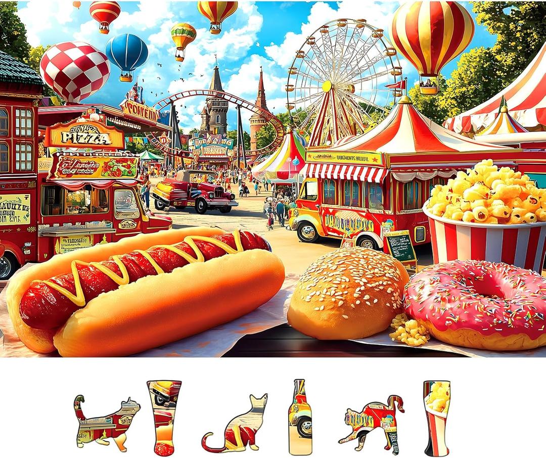 500 Pieces Puzzles for Adults, Amusement Park Jigsaw Puzzles with Food Trucks for Youths Family and Adults Fun Party Challenging Food Family Decoration (23 x 15 in)