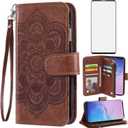 Asuwish Phone Case for Samsung Galaxy S10 Wallet Cover with Tempered Glass Screen Protector and Flower Leather Flip Credit Card Holder Stand TPU Cell Accessories S 10 Edge 10S GS10 X10 Women Men Brown