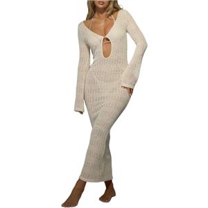 Milumia Women's Cut Out Crochet Cover Up Dress Scoop Neck Long Sleeve Maxi Beach Dress Coverup (Apricot), S