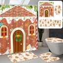 Dunzy 4 Pcs Christmas Shower Curtain Set Christmas Gingerbread House Bathroom Sets with Non-Slip Rugs Toilet Lid Cover and Bath Mat Holiday Gingerbread Candy Bathroom Decor with Hooks