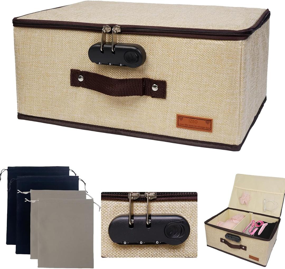 IZEO Lockable Adult Toy Storage Organizer Lock Box Toy bags container case with 4 Drawstring Bags, Large capacity 14 x 10 x 6.3 Inches Lockable Box Travel Home Container (Beige)