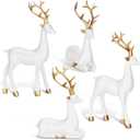Thyle 4 Pcs Christmas Reindeer Decor Small Resin Standing Sitting Deer Figurine Mini Reindeer Christmas Table Decoration for Home Indoor Xmas Holiday Small Statue Rustic Table Decor(White, Gold)