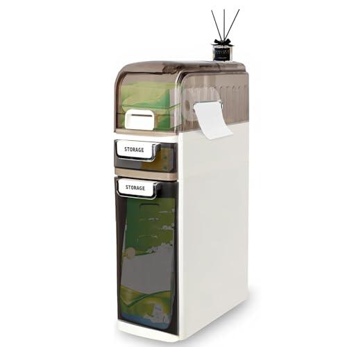 PULNDA 3-Tiers Slim Narrow Bathroom Storage Cabinet with Drawers, Waterproof Skinny Bathroom Storage Floor Cabinet with Tissue Box and Wheels for Small Spaces