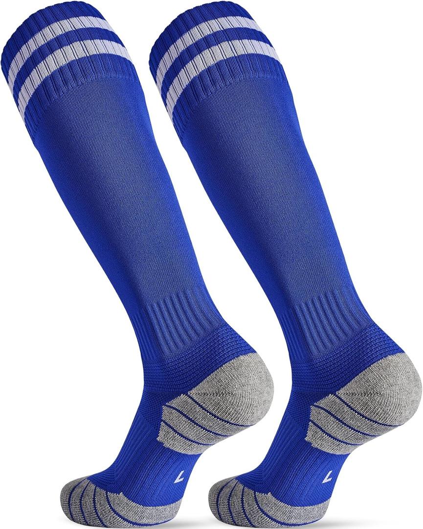 CWVLC Soccer Socks for Kids Youth Adult, Cotton Football Softball Baseball Socks (Large, Blue-2 Pairs)