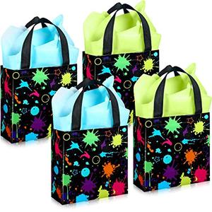 Sanwuta 24 Pieces Glow Neon Favor Bags with Tissue Paper Glow in The Dark Party Supplies No Woven Neon Birthday Gift Goody Candy Bags for Glowing Party Decoration(7.9x3.2x7.9 Inch)