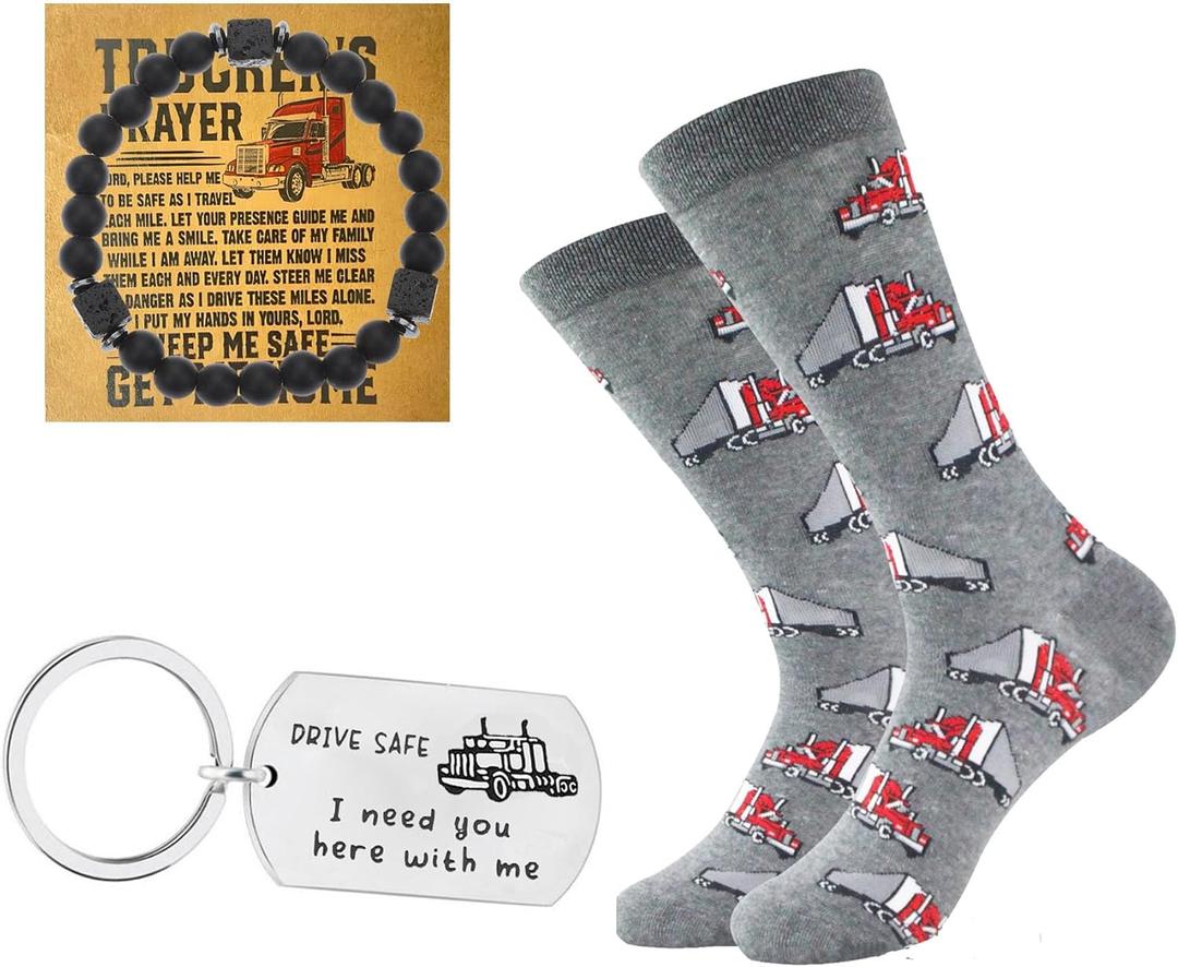 Truck Driver Gifts for Men,3pcs Gift Set for Truck Lovers,Birthday Present with Canvas Funny Socks For Son,Brother,Uncle,Dad,Grandfather