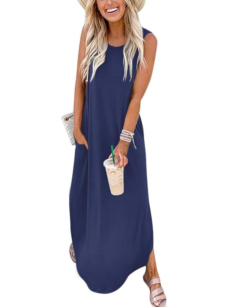 Women's Summer Casual Loose Sundress Long Dress Sleeveless V Neck Split Tshirt Maxi Dresses, Small, Navy Blue 