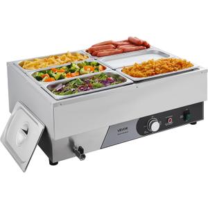 VEVOR Commercial Food Warmer, 1500W Electric Stainless Steel Steam Food Warming with Lid, Fast Heating Countertop Buffet Bain Marie with Six 1/3 Size Food Pans, for Catering, Restaurant and Party