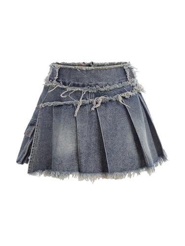 BEAUDRM Girl's Pleated Jean Skirt Y2K Raw Hem Mini Skort A Line Denim Skirt with Pocket Blue 8Y