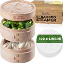 2-Tier 6" Bamboo Steamer With 100 Parchment Liners- 2 Bamboo Steamer Basket + Lid & 100 Steaming Liner Supplies, Mini Dumpling Steamers Basket For Cooking Bao Bun, Dim Sum Chinese Asian Food&Vegetables (6 inch Regular)