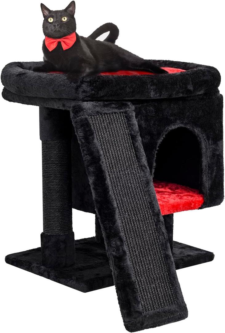 SYANDLVY Gothic Cat Tree with Coffin Bed for Indoor Cats, Cat Tower with Scratching Post, Modern Activity House for Large Cats, Condo with Board, Kittens Cave (Black & Red)