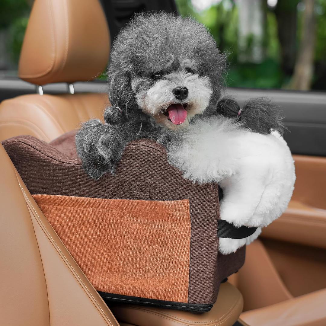 Center Console Dog Car Seat for Small Dogs with Bunny Fleece, Anti-Slip Booster Car Seat with Collar Hook, Triple Protection, Portable Washable, for Pets Up to 13.5lbs (Brown-Orange)