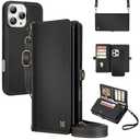 MEGSHI for Wallet Case Compatible with iPhone 16 Pro,Multi-Function Detachable 2 in 1 Magnetic iPhone 16 Pro Case Wallet,Flip Strap Zipper Card Holder Phone Case with Shoulder Straps (Black)