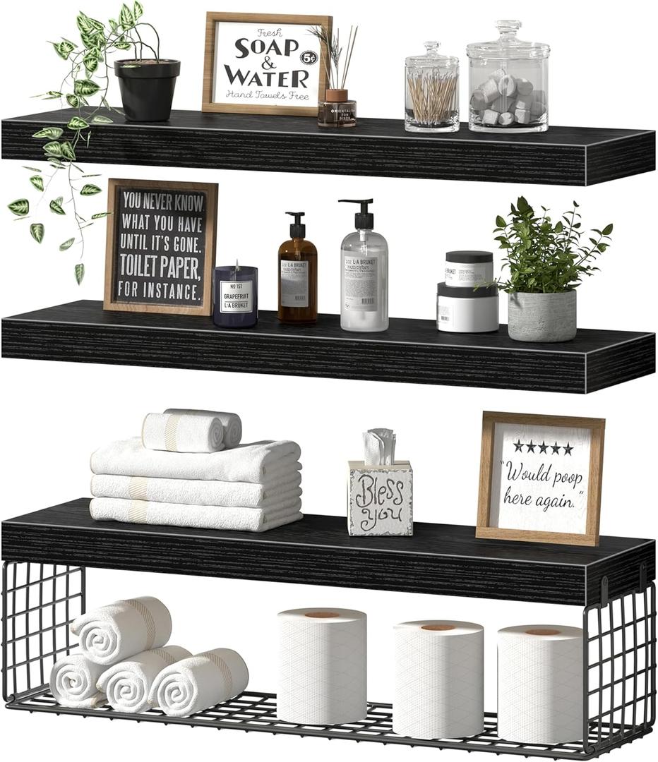 QEEIG Bathroom Shelves 24 inches Long - Floating Shelf for Wall Over Toilet Paper Storage Basket Farmhouse Set of 3, Black (019-60B3), 23.6"