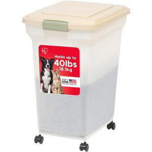 IRIS USA Airtight Dog Food Storage Container, WeatherPro, Up to 40 lbs, Removable Wheels, for Dog Cat Bird and Other Pet Food Storage Bin, Keep Fresh, Translucent Body, Made in USA, Almond/Pearl