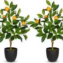 2Ft Artificial Orange Trees, 2 Packs Large Artificial Plants Indoor with Black Pots Faux Potted Citrus Trees Fake Floor Plants Lemon Decorations for Home Living Room Office, Bedroom Table, Desk