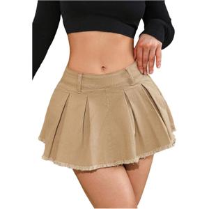 Floerns Women's Pleated Drop Waist Denim Skirt Raw Hem Zipper Side Mini Jean Skirts (Large, Khaki)