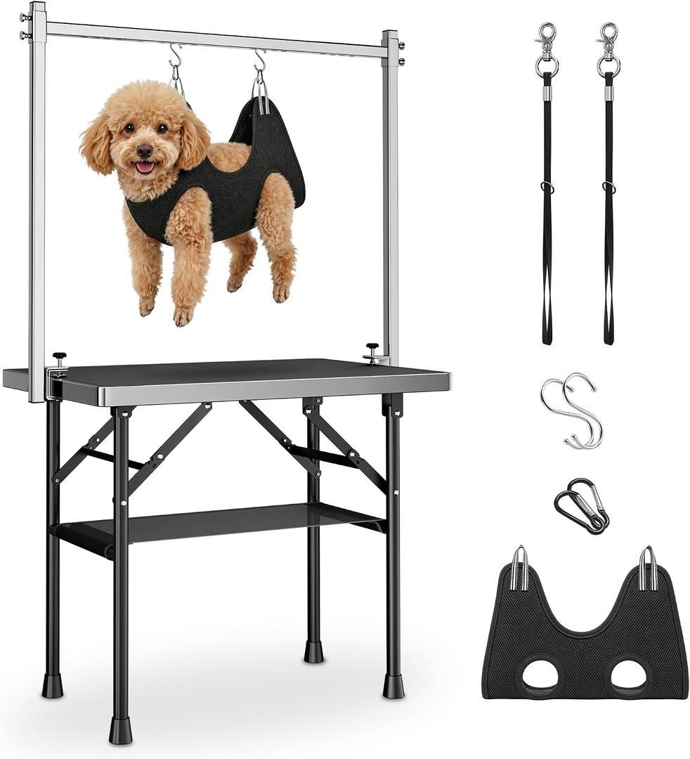 pickpiff Dog Grooming Table with Arm, 35.5" L×23.6" W x 30" H Foldable Heavy Duty Pet Grooming Station with Adjustable 33.5" Height Arm, Hammock & Nooses, Tray, Non-Slip Waterproof Tabletop