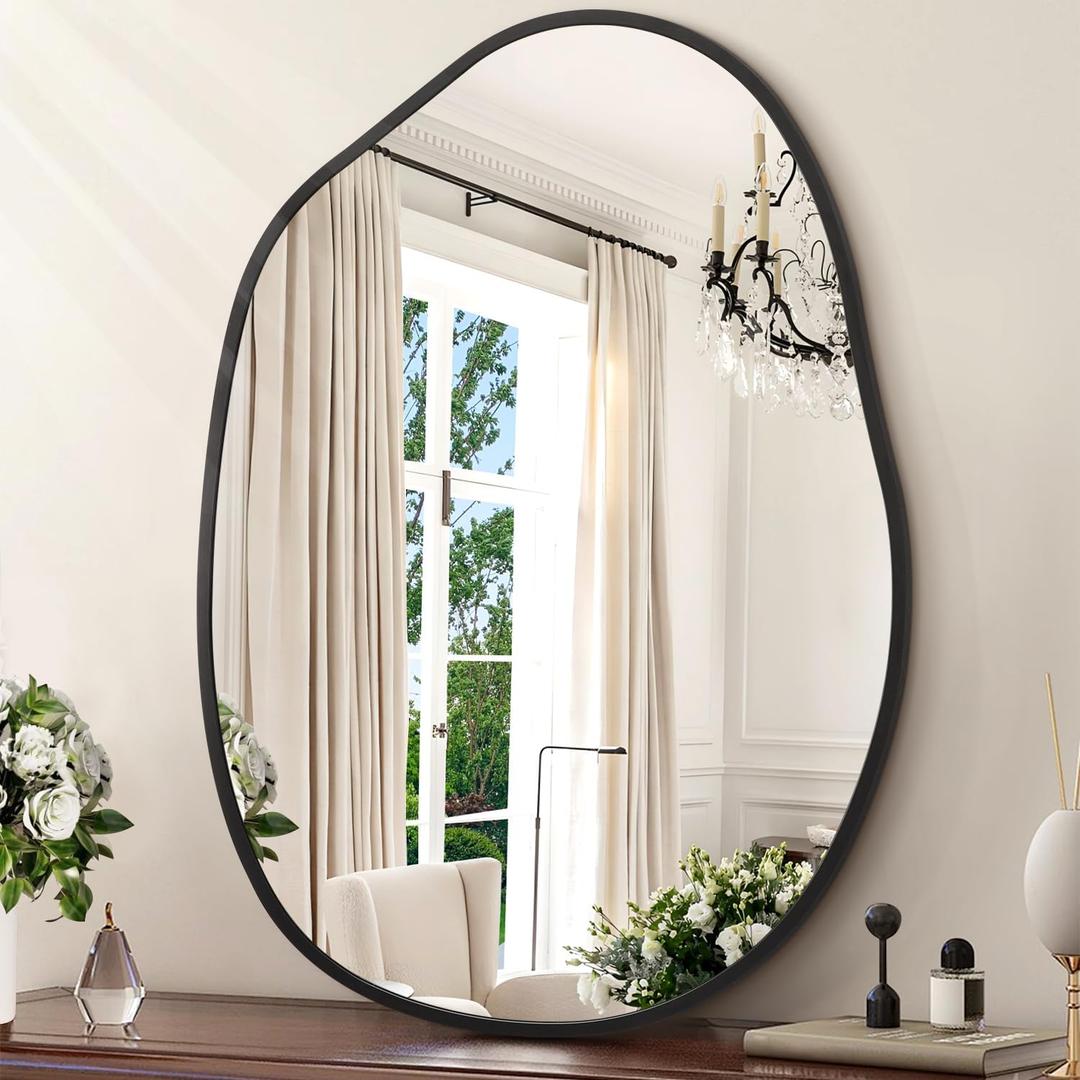 Black Irregular Wall Mirror Asymmetrical Bathroom Mirror Metal Framed Mirrors Decorative Bedroom Living Room Vanity Entryway 26''x18''