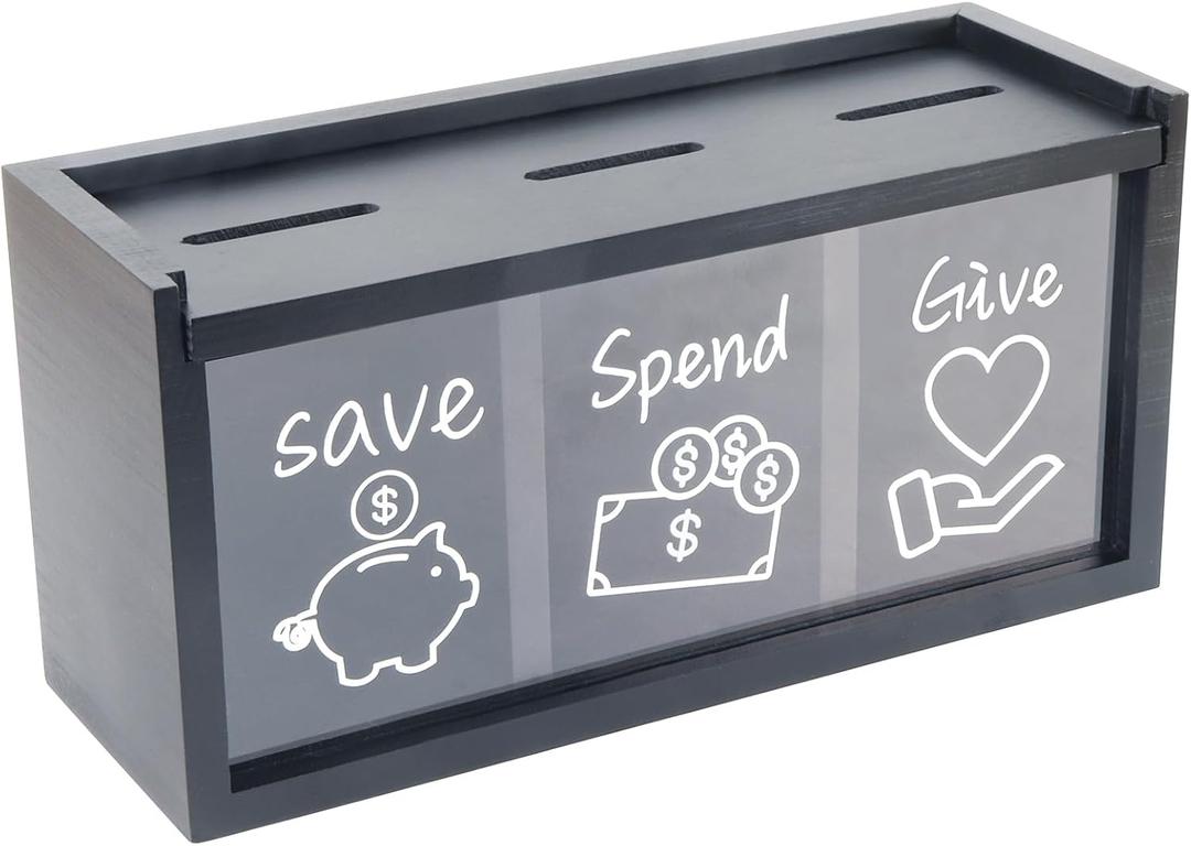 Spend Save Give Piggy Bank for Kids, Money Coin Savings Piggy Bank Jar Box for Kids Child Safe Money Saver, Teach Children About Giving & Saving Money Piggy Box for Childrens Boys Girls, Black