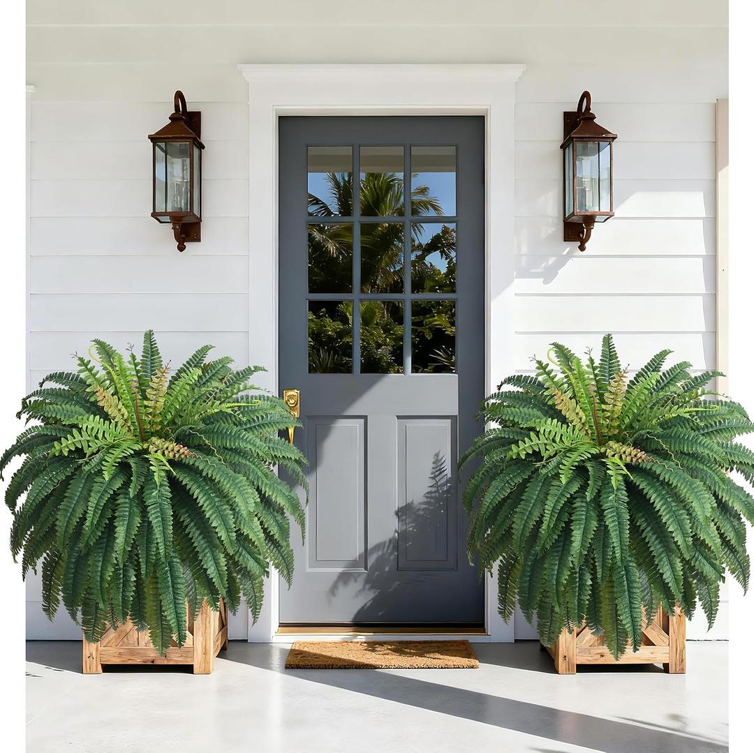 48in 96 Leaves Large Fake Ferns-Set of 2 Artificial Plants Outdoor, UV Resistant Artificial Ferns for Outdoors, Realistic Faux Boston Fern Fake Plants for Porch Home Garden Patio Hanging Decor