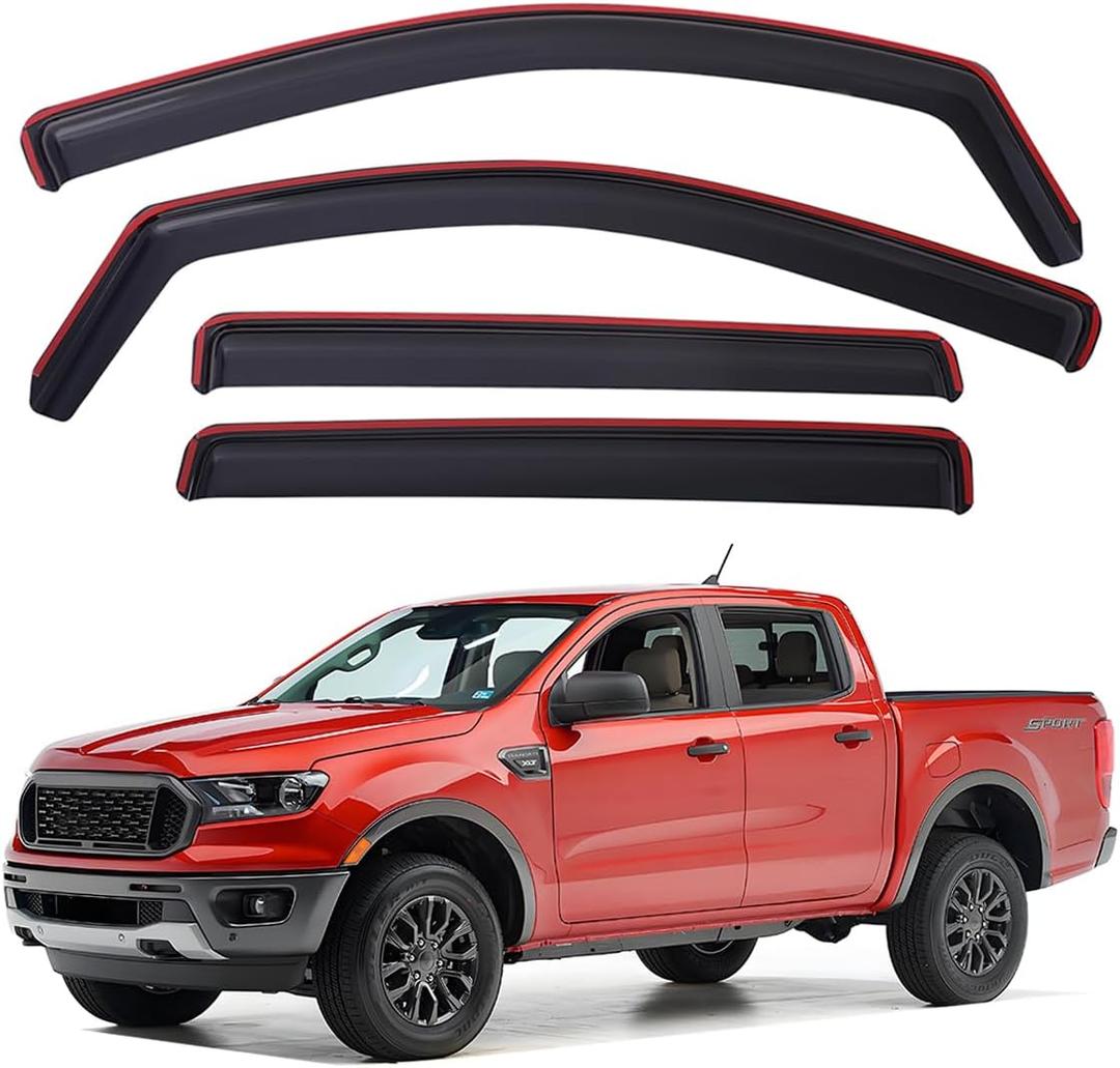 Lightronic Extra Durable Clip-on in-Channel Auto Vent Window Visors, Fits 2019-2023 Ford Ranger SuperCrew, UV-Protection Rain Guards, Original Wind Deflectors, Dark Smoke, 4-Pcs
