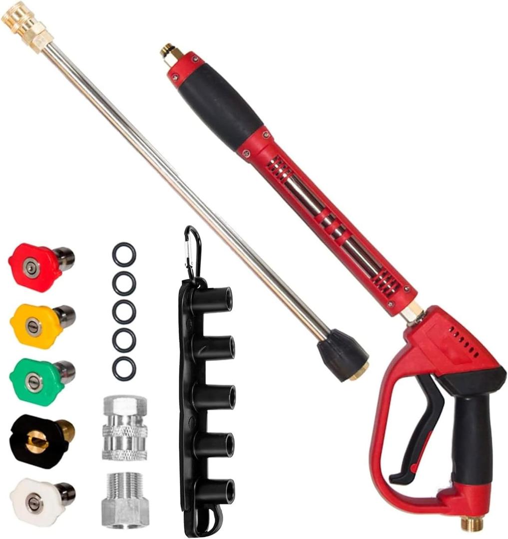Hourleey Pressure Washer Gun, Red High Power Washer Gun with Replacement Wand Extension, 5 Nozzle Tips, M22 Fittings, 40 Inch, 5000 PSI Hourleey Pressure Washer Gun, Red High Power Washer Gun with Replacement Wand Extension, 5 Nozzle Tips, M22 Fittings, 40 Inch, 5000 PSI