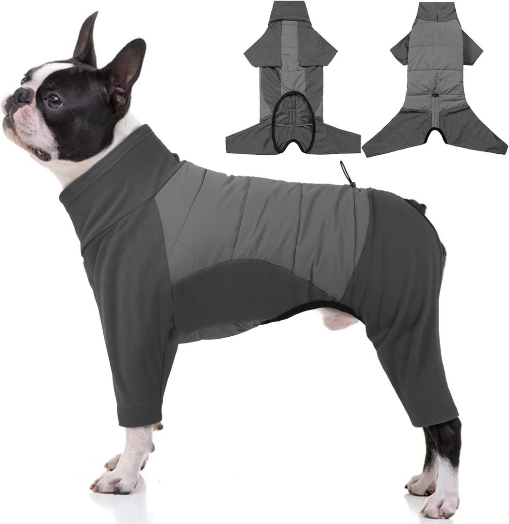 BRKURLEG Full Body Dog Winter Coat Warm Fleece Pullover Pajamas, Four Legs Covered Windproof Dog Jacket for Small to Large Dogs, Turtleneck Dogs Snowsuit, Pet Cold Weather Clothes, Grey M