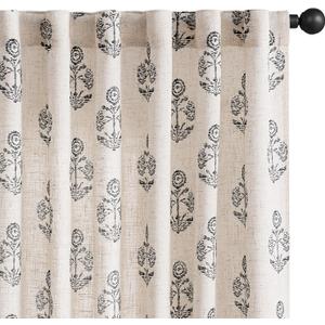 jinchan Linen Floral Curtains for Living Room 96 Inch Length Black Flower Cottage Core Farmhouse Curtains Rod Pocket Back Tab Boho Semi Sheer Window Drapes Bedroom Set 2 Panels Black on Beige