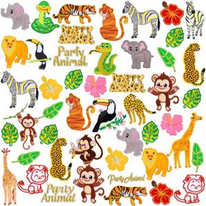 Riceshoot 48 Pcs Animals Embroidered Patches Mixed Animal Iron on Patches Lion Giraffe Tiger Snack Elephant Monkey Leaf Embellishments Sew Applique for DIY Shoes Clothes