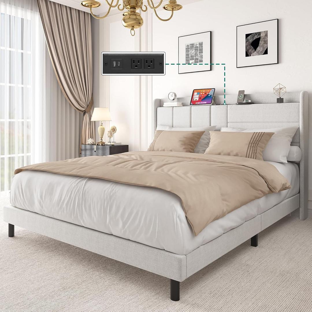 YITAHOME Queen Size Upholstered Bed Frame Bed Frame with Storage Headboard and Charging Station, Solid Wood Slats Support, No Box Spring Needed, Noise-Free, Beige