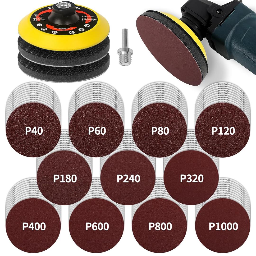 Pomsare 114PCS Angle Grinder Sanding Discs, 5 Inch Upgraded Hook and Loop Foam Backing Pad, Drill Sanding Angle Grinder Attachments with 5/8-11 Threads for Wood Metal Polishing 40-1000 Grits