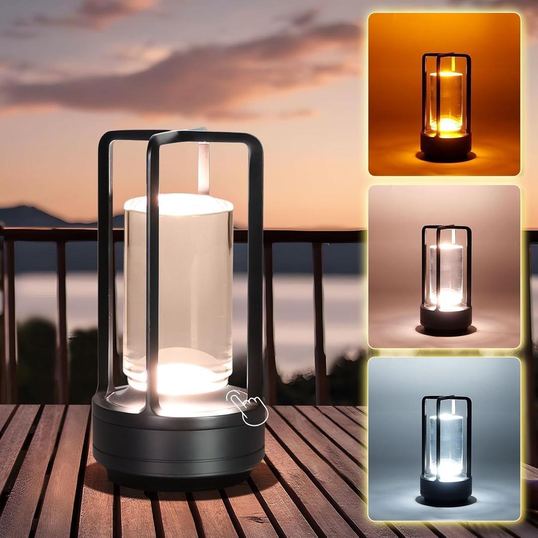 Crystal Lantern Light, Czgor Battery Operated Rechargeable Cordless Crystal Table Lantern Lamp with 3-Color, Portable Small LED Desk Lamp for Indoor/Outdoor Patio Camping Bedroom Bar Restaurant, (Black)