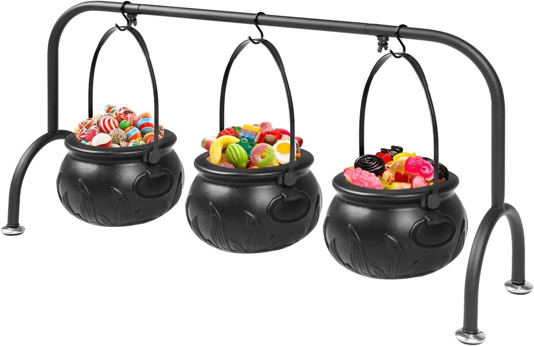 Kendane Halloween Decorations Indoor, Set of 3 Witches Cauldron Candy Serving Bowls on Rack, Halloween Party Decorations, Black Plastic Candy Cauldron for Table Decor