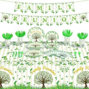 172 Pcs Family Reunion Tableware Family Tree Reunion Party Decorations Serves 24 Banner Tablecloth Plate Cup Napkin Knife Fork Spoon Guests for Spring Gathering Party Supplies