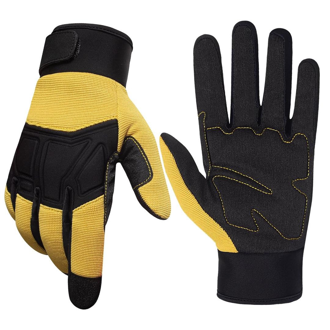 4 x RIGWARL Upgraded Work Gloves Men with Wear-resistant Rubber Patch on Palm, Gardening Gloves Thickened Padding for Protection, Safety Work Gloves Women Tear resistant for yard, Mechanics, Construction (Large, Premium Yellow- (95% Wear-resistant, M))