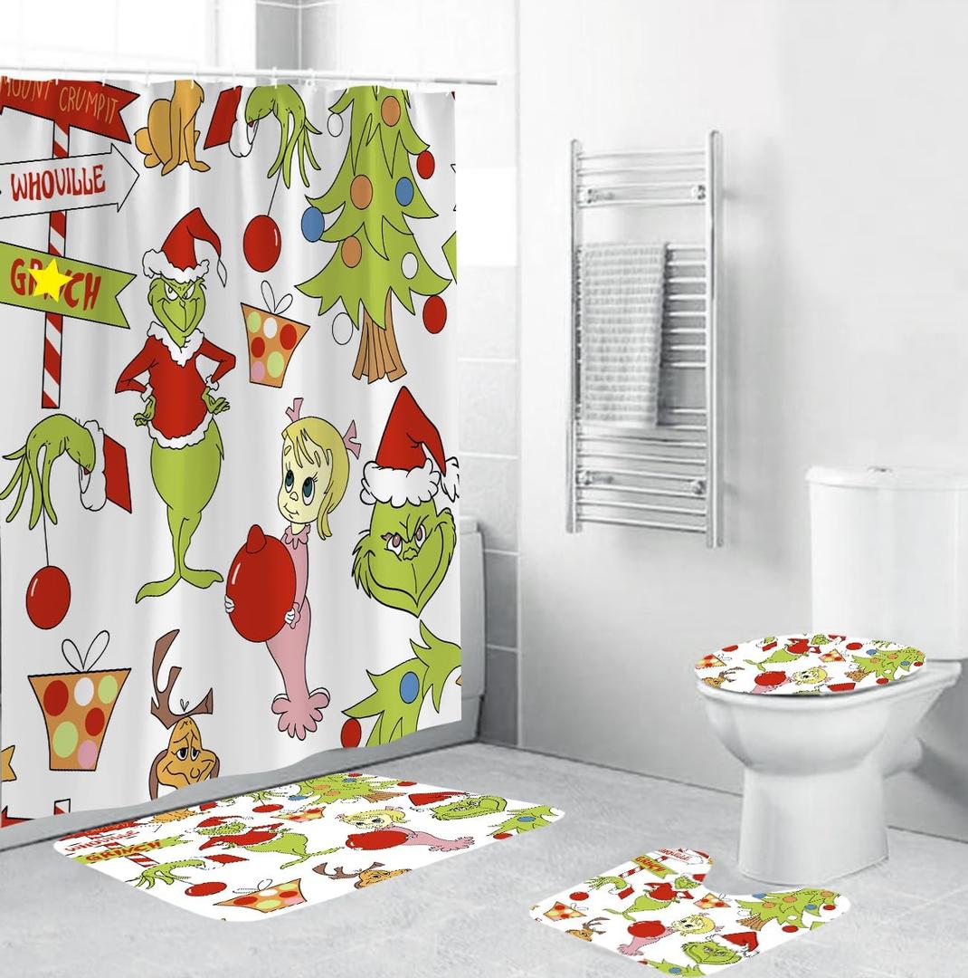 LIN&BABAY 4Pcs Christmas Shower Curtain Set with Non-Slip Rugs, Toilet Lid Cover and Bath Mat, Christmas Bathroom Decor with Hooks 71'' x 71'' (White)