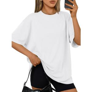 Trendy Queen Womens Oversized Summer T Shirts Plus Size Spring Cute Casual Tops Short Sleeves Fashion Workout Clothes (White, XL)