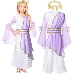 Geyoga 2 Pcs Greek Costume Girls Toga Costume, Halloween Grecian Roman Costume and Roman Crown Leaf Wreath(Kid Size, X-Large, White Purple)