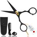 Ontaki Japanese Steel Beard & Hair Trimming Scissors - 5.5 In, Black - Finger Rest & Tension Knob for Hair & Mustache Scissors - Alloy Steel For Mustache Kit