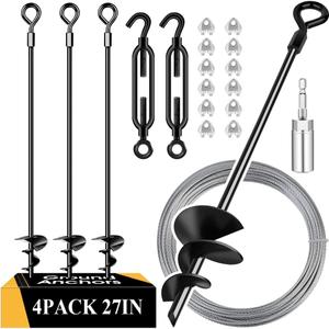 27in 4 Pack Ground Anchors with 3/16" Galvanized Cable Shed Anchor Kit, Trampoline Stakes Anchors High Wind  Ideal for Canopies, Sheds, Car Ports, Swing Sets Gazebo Greenhouse (27 in of 4 Pcs)