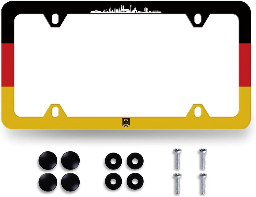 Germany Flag License Plate Frame German Flag License Plate Holder Colorful Stainless Steel Auto Parts Funny License Plate Decoration with Screws Size 12.3" x 6.3"