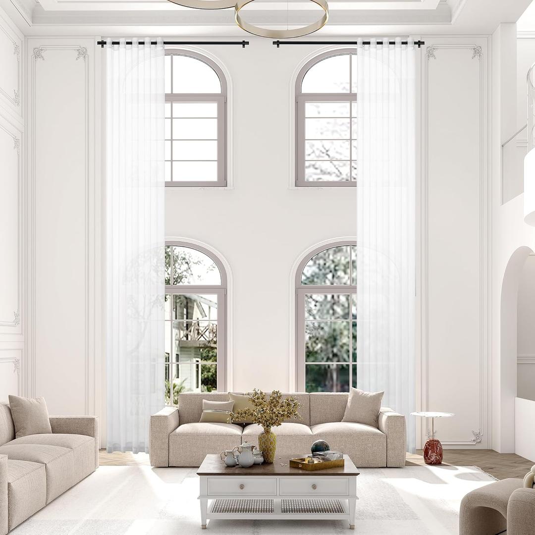Extra Long Sheer Curtains, Grommet High Ceiling Light Flitering Long Two Story Sheer Curtains for Living Room and Two Story Room.(White, 1 Panel, 52"X132")