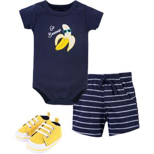 Hudson Baby Unisex Baby Cotton Bodysuit, Shorts and Shoe Set (0-3 Months, Go Bananas, 18 Months)