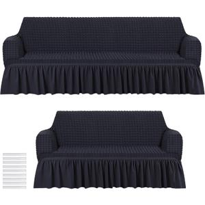 Fanfanwin 2 Pcs Sofa Slipcover Set for Couch Cushion Couch Cover with Skirt Durable Washable High Elastic Stretchable Furniture Covers for Sofa Loveseat Arm Chair(Black)