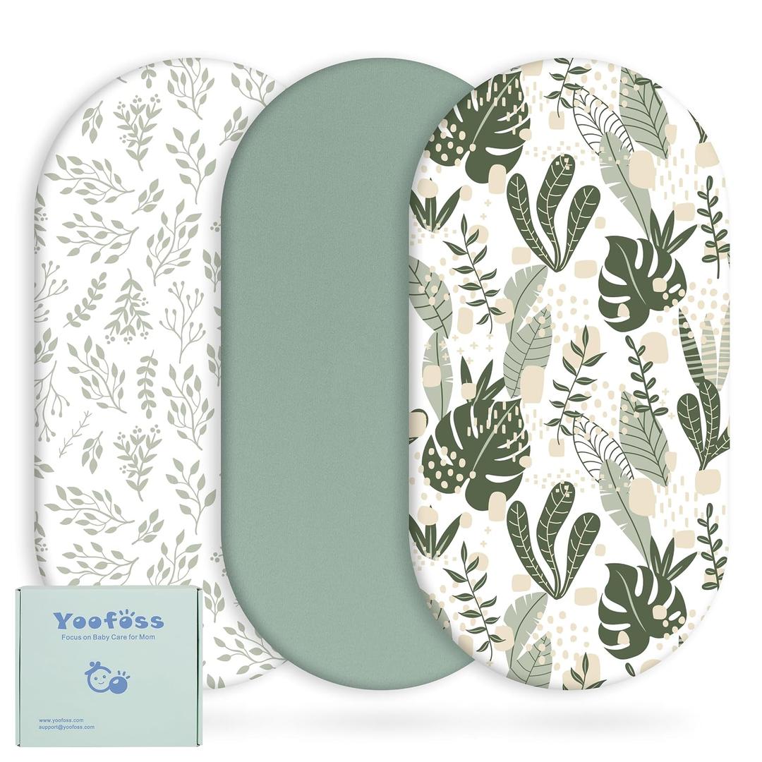 Yoofoss Bassinet Sheets for Baby,3-Pack Fitted Bassinet Sheets Set Compatible with Halo Bassinest Swivel Sleeper,Baby Delight,Angelbliss,Soft Breathable Bassinet Mattress Sheets(Green+Leaf)