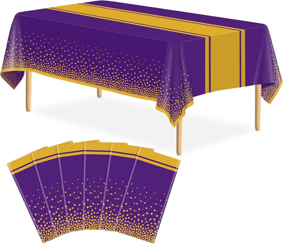 6 Pack Purple and Gold Tablecloth Party Decorations Plastic Purple Tablecloth Printed Gold Table Runner 54 x108 Inch Disposable Rectangle Table Cover for Birthday Wedding Graduation