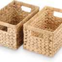 Water Hyacinth Storage Baskets Set of 2 - Medium Decorative Wicker Baskets for Organizing Shelves, Rectangular Woven Storage Bins with Handles for Pantry, Bathroom, Living Room 13"x9"x7"